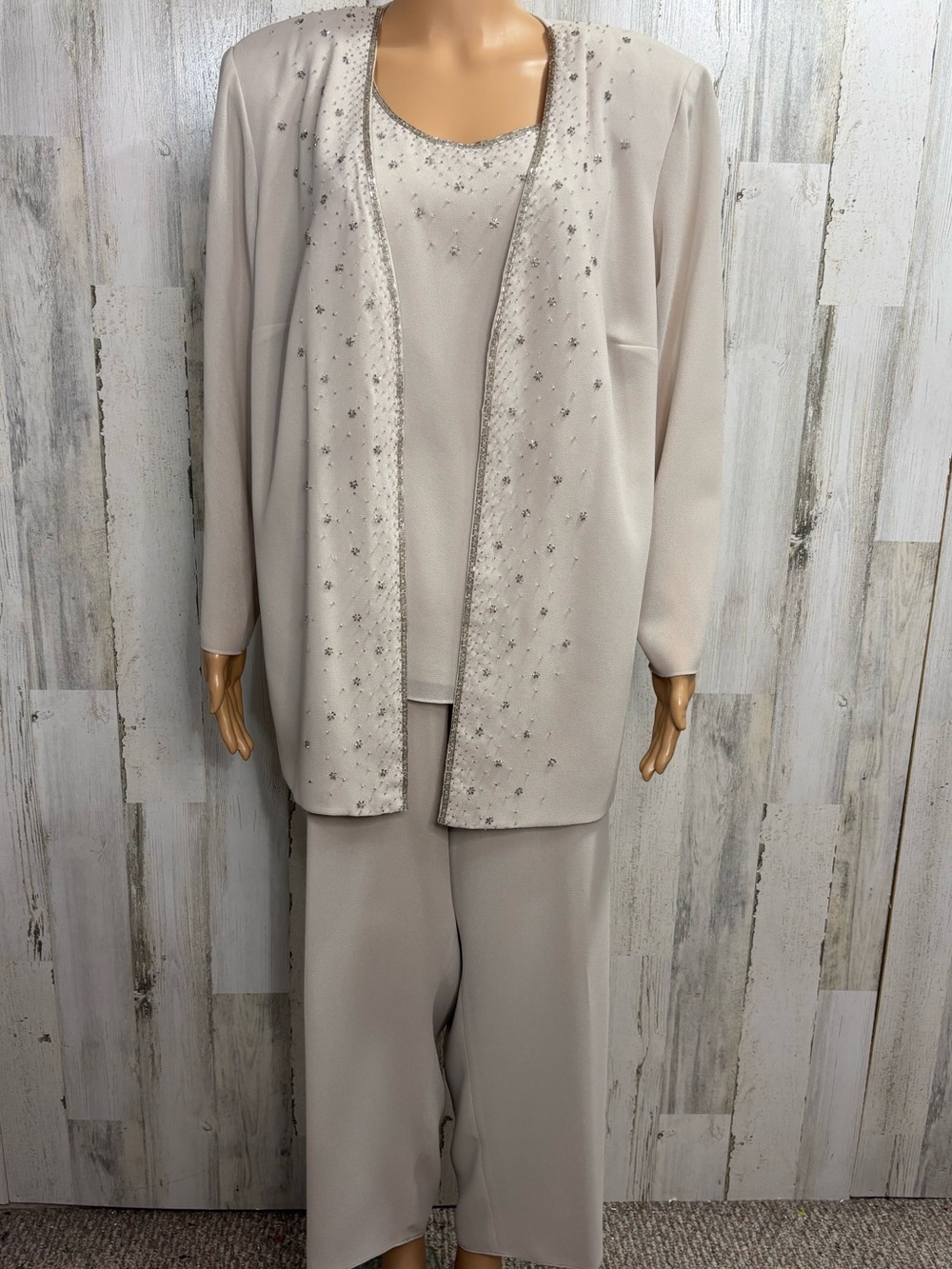 R&M Richards Elegant 3-Piece Cream Georgette Beaded Open Jacket Pantsuit